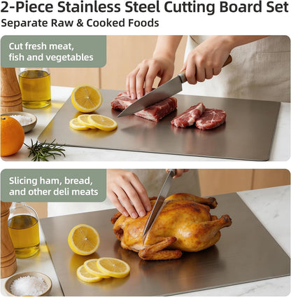 Stainless Steel Cutting Board Set with Lip, 2 Pack 16" & 24" Metal Chopping Boards for Kitchen Countertop, Non-Slip Food Prep Boards for Meat & Vegetables