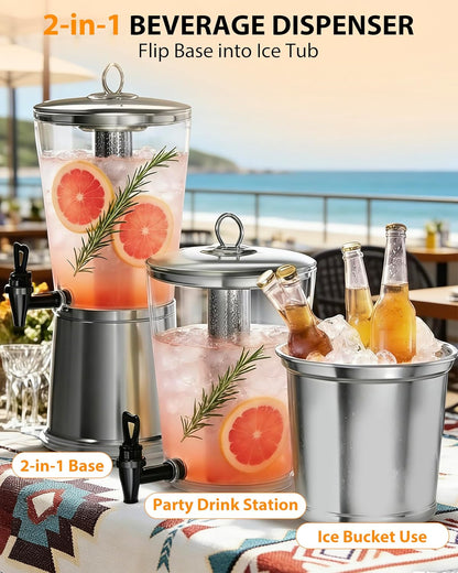 Beverage Dispenser with Stand, 3 Gallon Drink Dispenser for Parties,Events,Buffet &Self-Serve,Dual Ice Tube Core Fruit Infuser,Leakproof Spigot,Clear PC Container, Stainless Steel Lid&Base