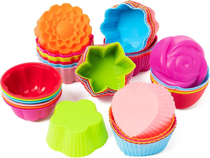 R HORSE 42Pcs Silicone Molds Cupcake 2 Inch Mini Size Reusable Muffins Liners Washable Non-Stick Donut Wrapper Mold Flower Shapes Baking Cups for Pan Oven Microwave Dishwasher