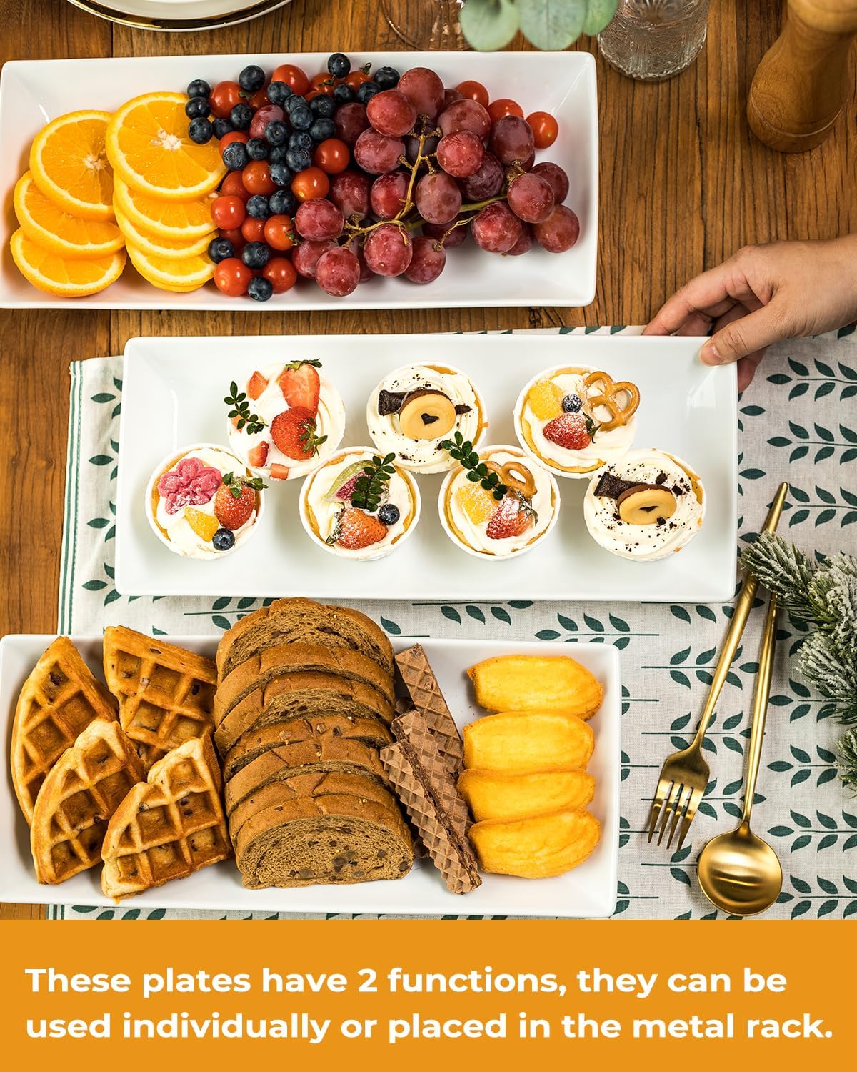 LAUCHUH 3 Tier Serving Tray, Porcelain Serving Platter Tier Serving Stand with Collapsible Sturdier Rack, Serving Trays and Platters Dessert Party Display Set for Father's Day, Gold, 12 Inch
