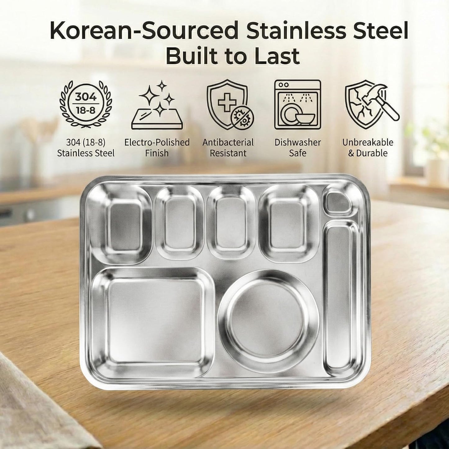 Korean Stainless Steel Divided Plates for Adults, Teens, Premium 304, Electro-Polished, No Black Residue, BPA-Free, Large 5-Compartment Food Tray, Diet Portion Control, Camping, Set of 2