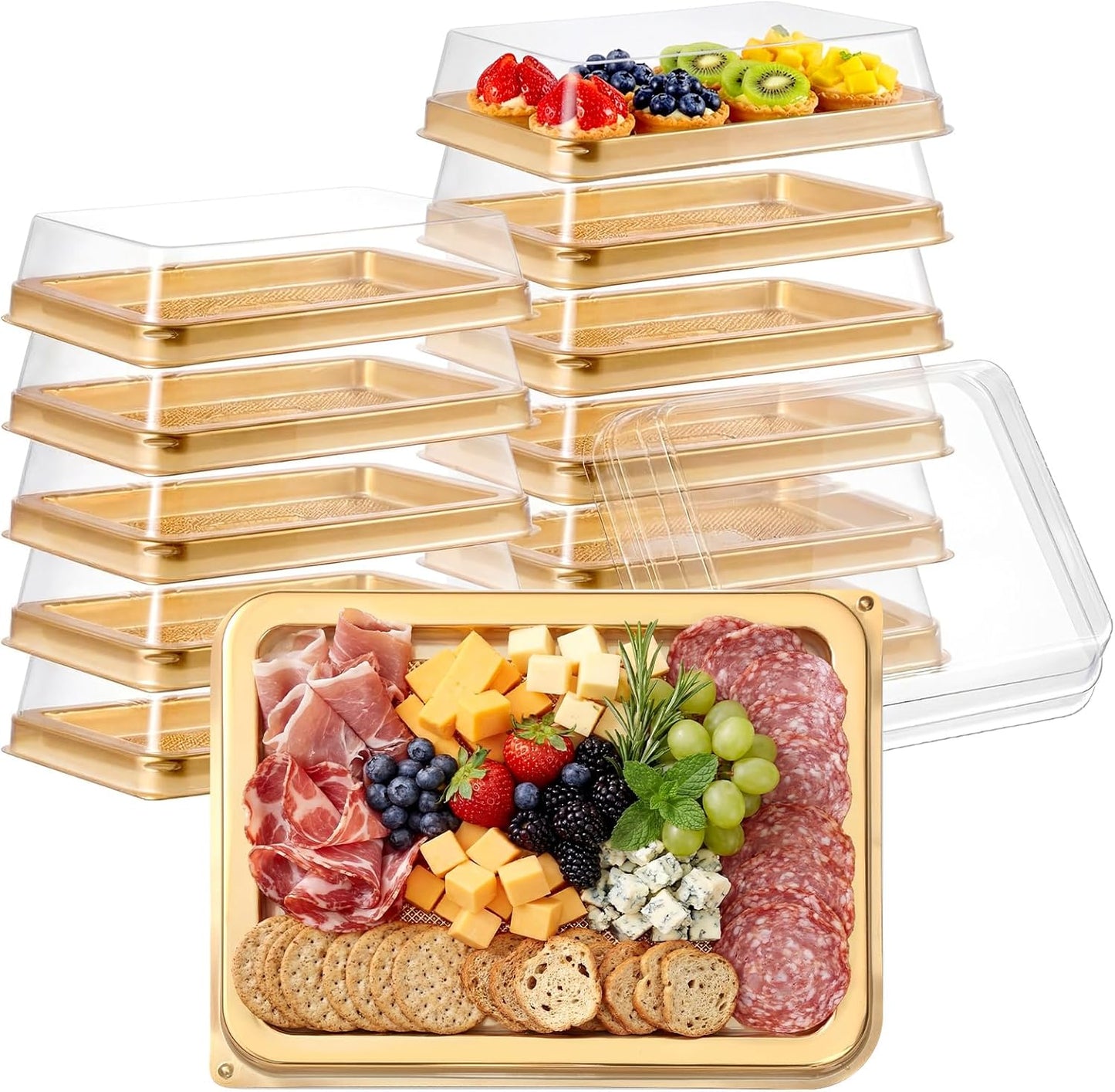 Tessco 12 Pcs Plastic Serving Trays with Lids Disposable Catering Trays 12.4 x 9.45 x 2.76 Inch Reusable Plastic Party Platters Charcuterie Board Box with Lids for Cookie Sandwich Christmas(Black)