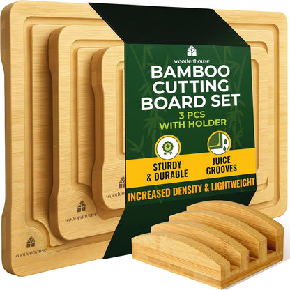 Set of 3 Bamboo Cutting Boards for Kitchen - Thick & Durable Wood Cutting Boards Set with Deep Juice Grooves & Build-in Handles, Large Surface, Easy to Clean – for Meat, Vegetables and Fruits
