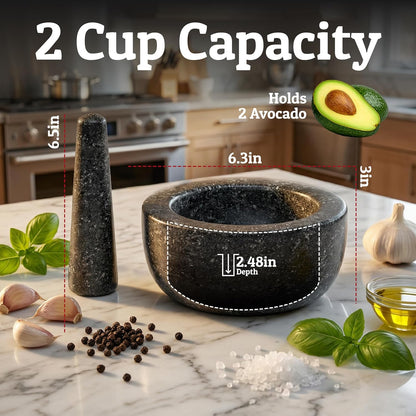 Priority Chef Heavy Duty Large 1.5 Cup Mortar and Pestle Set, 100% Natural Granite, 5.5 Inch Diameter Bowl, 6.2 Inch Pestle, Non-Slip Base, Stone Grinder for Guacamole Salsa Pesto Herbs Spices, Black