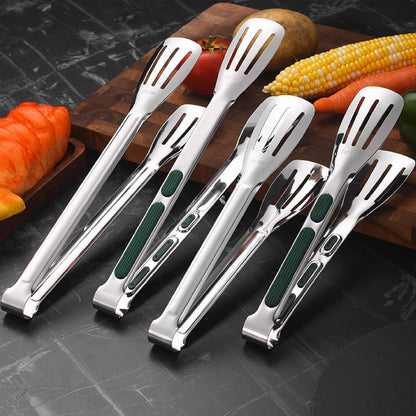 Stainless Steel Kitchen Tong Set - Anti-Slip Heat-Resistant Grip, Widened 3-Line Slotted Heads for Easy Clamping (Steaks, BBQ, Pasta, Salads), Easy Clean for Versatile Use Set of 3-6", Silver