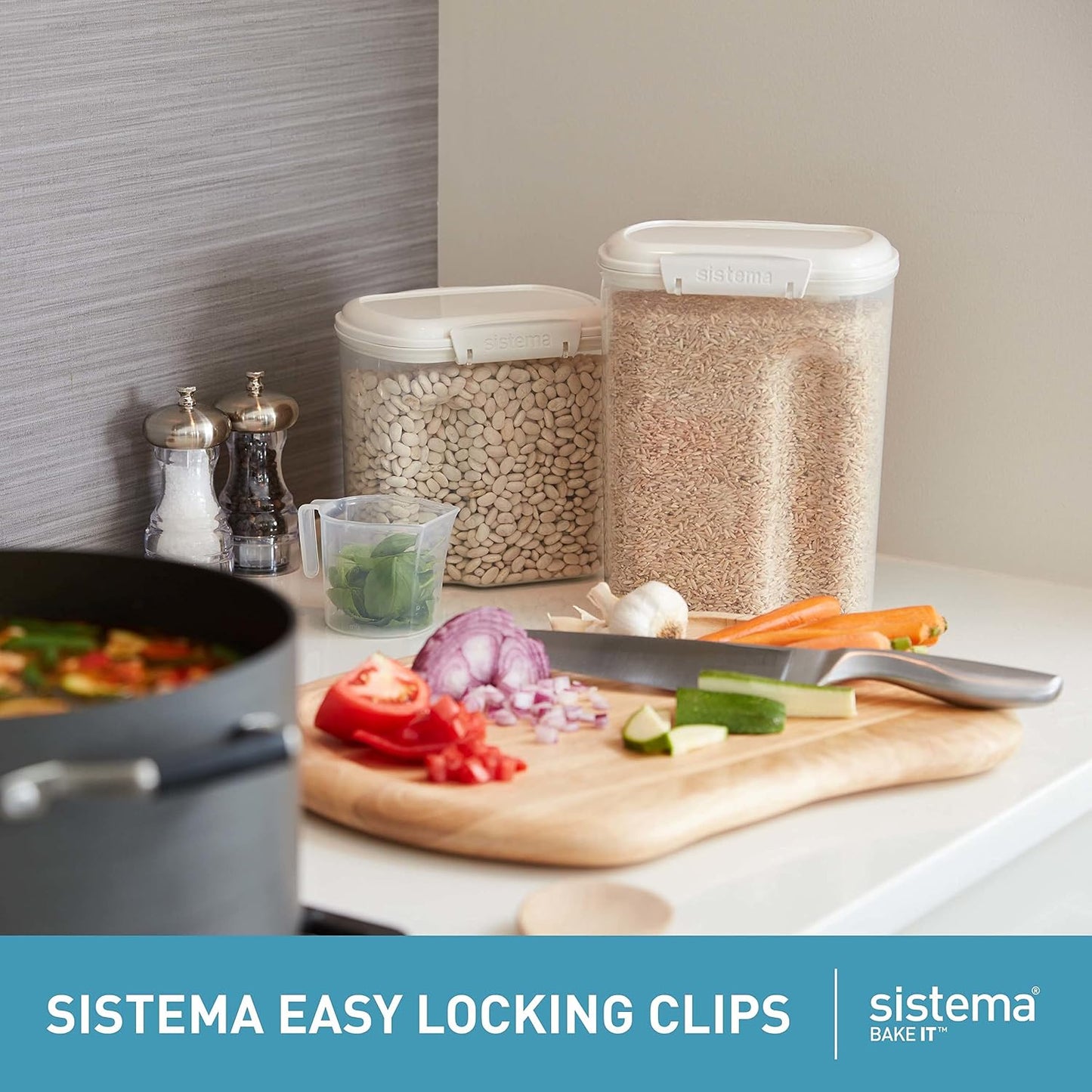 Sistema Flour and Sugar Storage Containers for Pantry with Lids and Measuring Cup, Dishwasher Safe, 13.7-Cup, White
