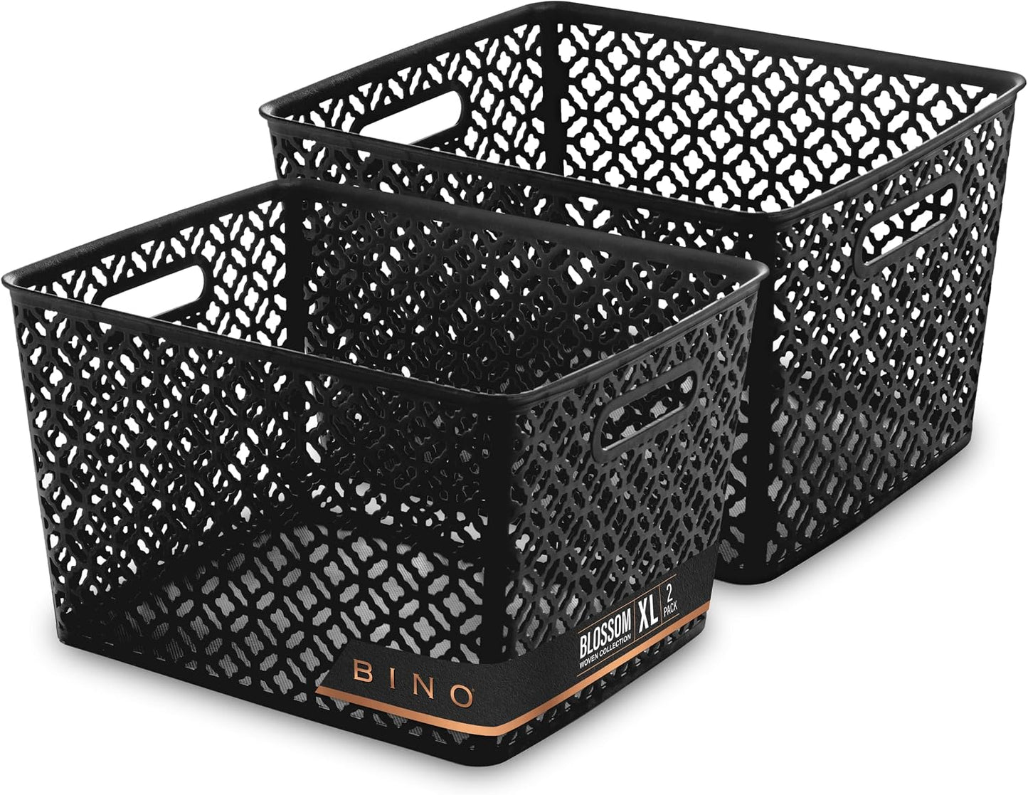 BINO l Plastic Storage Baskets, Large - Grey l THE BLOSSOM COLLECTION l Multi-Use Organizer Bin l Built-in Handles l Plastic Woven Basket for Organizing l Pantry & Home Organizing Basket