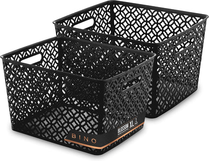 BINO l Plastic Storage Baskets, Large - Grey l THE BLOSSOM COLLECTION l Multi-Use Organizer Bin l Built-in Handles l Plastic Woven Basket for Organizing l Pantry & Home Organizing Basket
