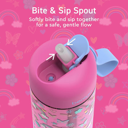 Bentgo Kids Water Bottle - Leak-Proof, Durable Tritan PFAS- & BPA-Free 15 fl oz, Kids/Toddlers Ages 3+ for School & Sports; Bite & Sip Spout, Carrying Handle, Dishwasher Safe (Unicorn)