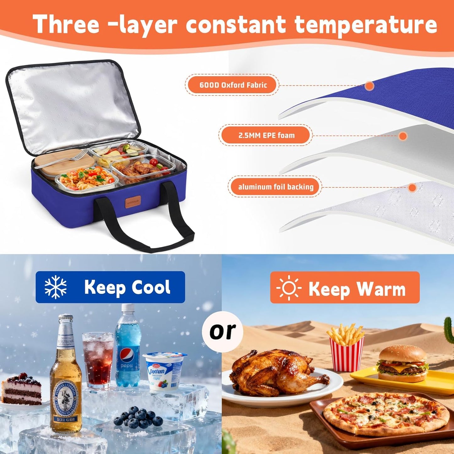 Insulated Casserole Carrier, Double Decker Food Carriers for Hot or Cold Food, Portable Leakproof Thermal Bag for Travel/Potluck Parties/Picnic/Cookouts (Red)