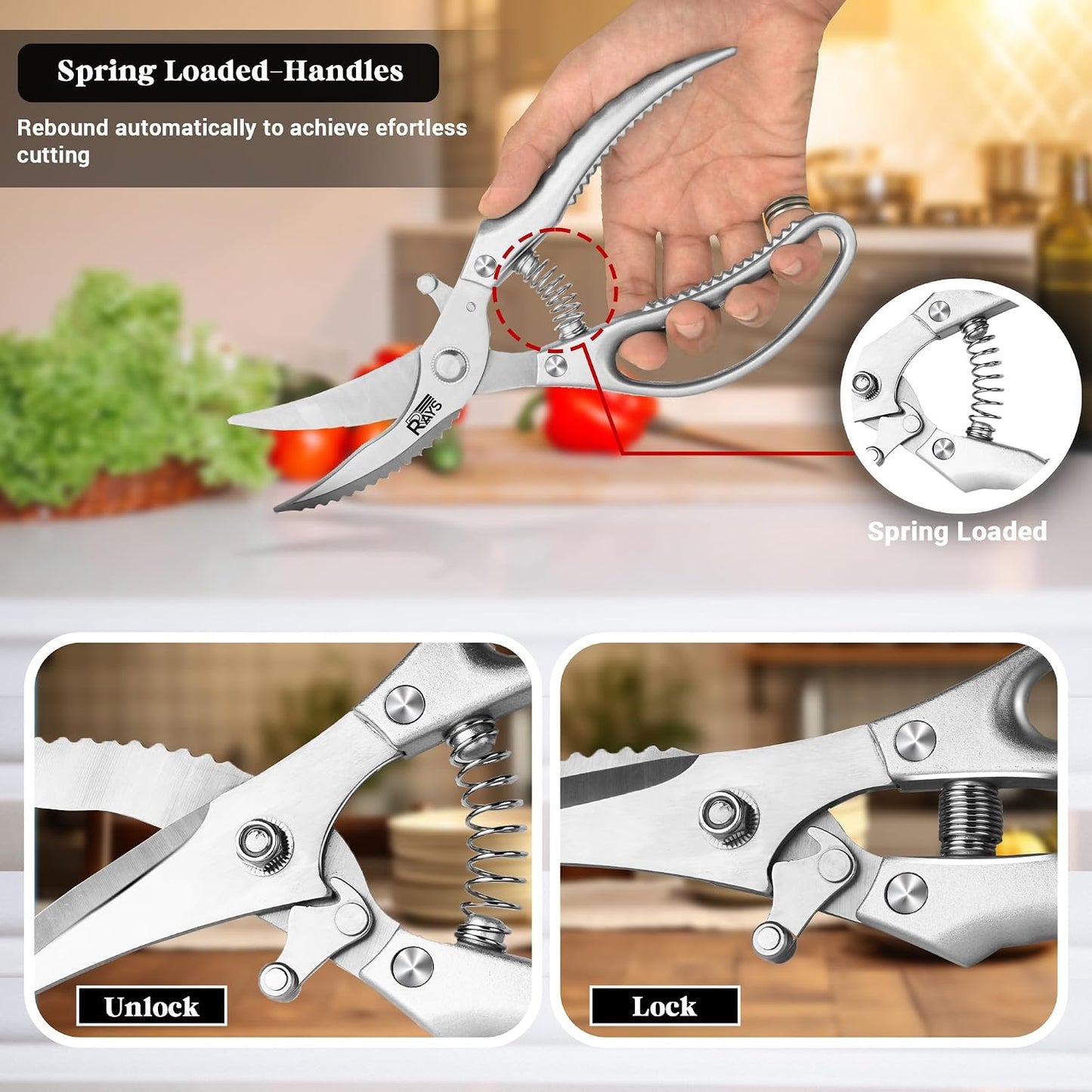 Heavy Duty Kitchen Shears – Poultry Shears and Kitchen Scissors for Chicken,Turkey, Bone, Meat & Fish – Spring Loaded Spatchcocking Shears – Dishwasher Safe with Safety Lock, Gift Box Included