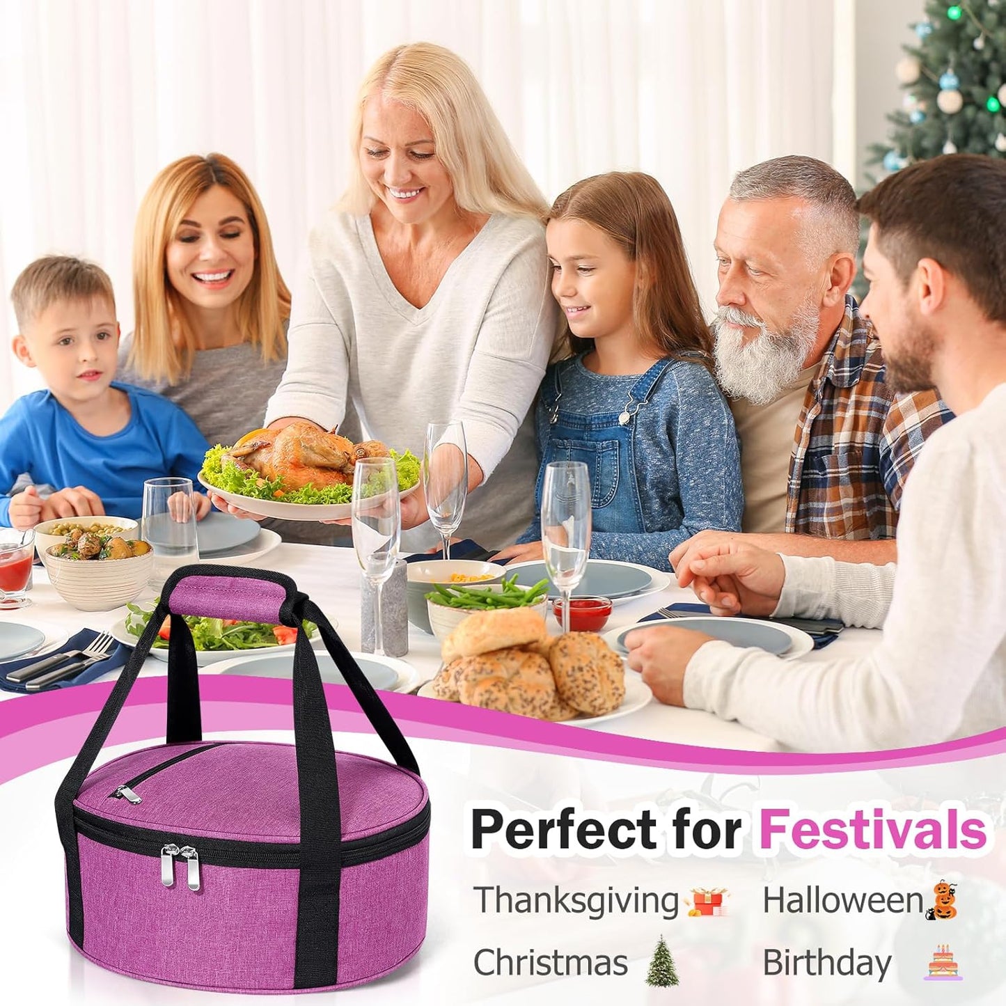 Round Insulated Casserole Carrier – 12" Portable Pie Carrier Bag for Hot or Cold Food, Leakproof Thermal Lunch Tote with Handle for Parties Picnic & Travel - Grey