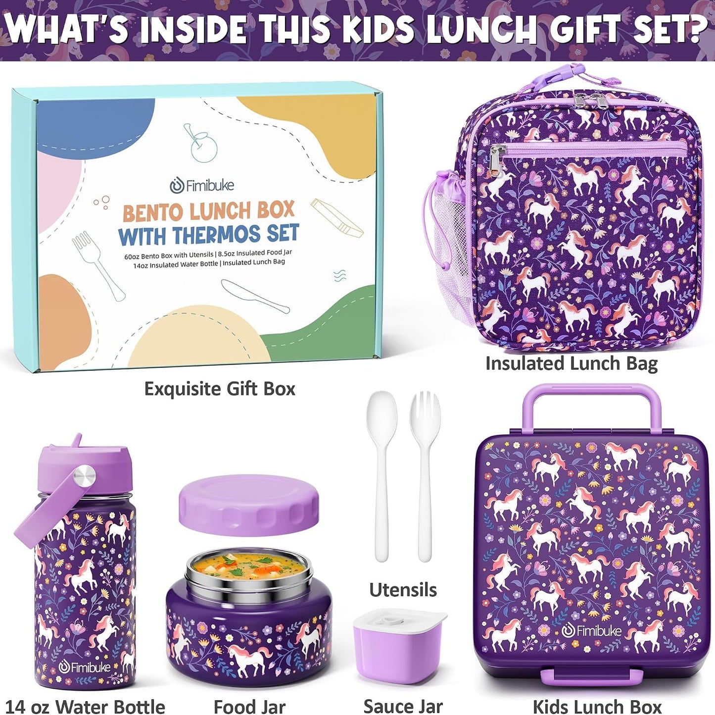 Fimibuke Kids Bento Lunch Box with Thermo, Leakproof Toddler Bento Box with 8.5 OZ Insulated Food Jar, Lunch Bag, Kids Water Bottle, 3 or 4 Compartment Container for Back to School Toddler Girls Boys