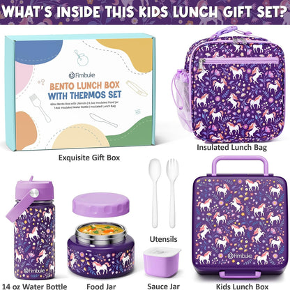 Fimibuke Kids Bento Lunch Box with Thermo, Leakproof Toddler Bento Box with 8.5 OZ Insulated Food Jar, Lunch Bag, Kids Water Bottle, 3 or 4 Compartment Container for Back to School Toddler Girls Boys