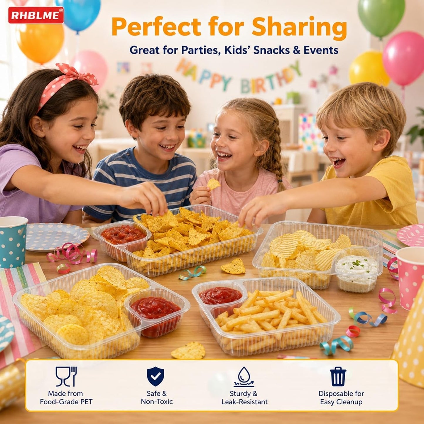 RHBLME 300 Pack Large 8"x6" Plastic Nacho Trays, 2 Compartment Disposable, Plastic Nacho Containers with Chip and Dip Holder for Party, Festivals, Kids, Theater