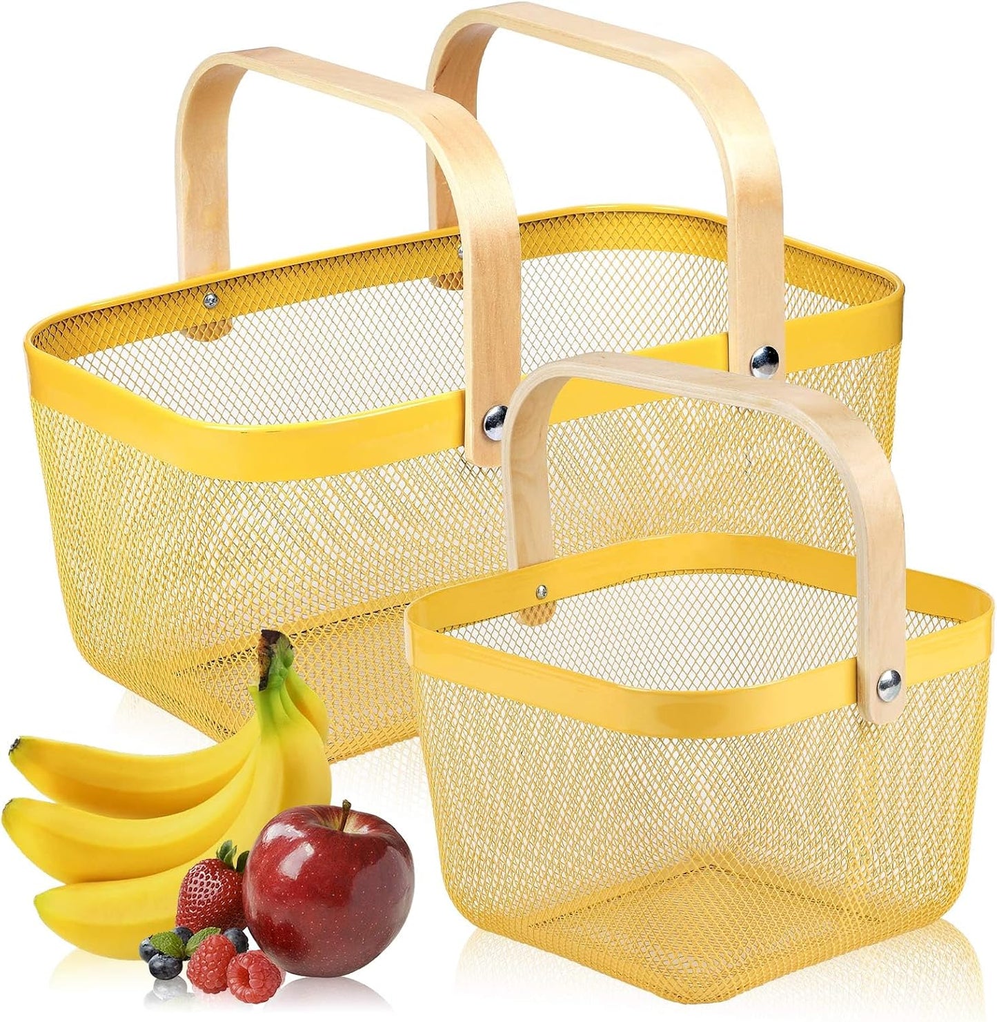 Coloful Metal Mesh Wire Basket with Foldable Wooden Handle,Bin Garden Fruit Vegetable Storage Hanging Harvest Holder for Kitchen Bathroom Picnic (Yellowish Green, Cuboid-15.7 x 9.5 x 7.2“)