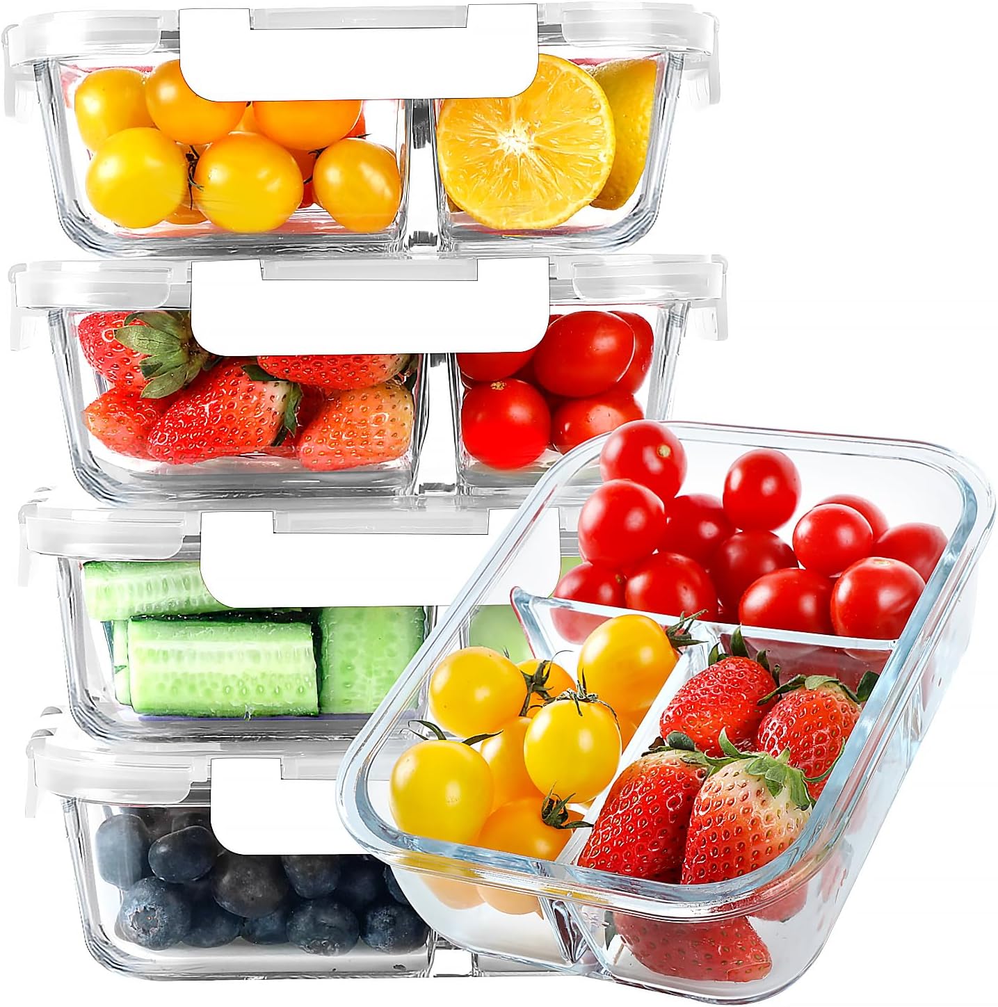 KOMUEE Glass Meal Prep Containers 3 Compartments, 5 Pack 36 oz, Glass Food Storage Containers with Lids, Airtight Lunch Bento Box, Portion Control, Freezer and Microwave Safe