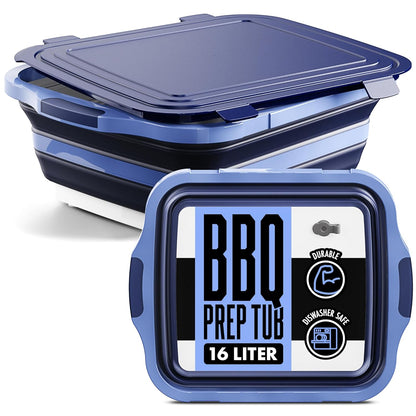 Collapsible BBQ Prep Tub with Lid and Drain Spout, 16L Portable Meat Marinating and Grilling Tray, Cutting Board Food Storage Container for Outdoor Cooking, Camping, Tailgating and Kitchen Prep