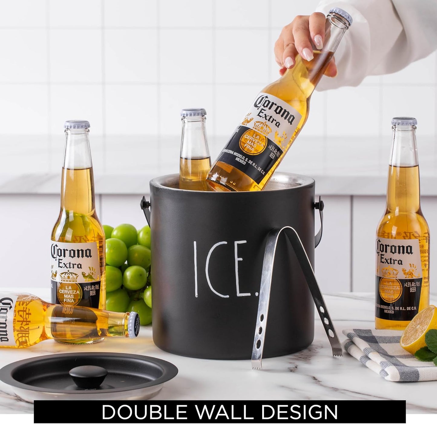 Rae Dunn Ice Bucket with Scoop - Stainless Steel Bucket with Handle, Lid and Ice Scooper - 4 Qt. Storage Bin for Ice Cubes for Bars, Parties, Backyard Barbeques, Picnics, and Camping (Black)