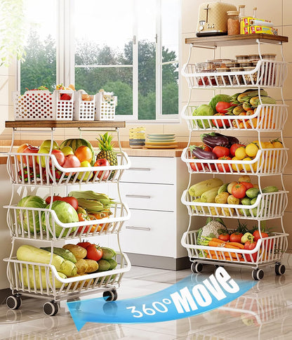 MURRI&MURRDI Fruit Vegetable Storage Basket with Wooden Lid, 6 Tier Stackable Wire Kitchen Cart with Wheels, Tall Produce Snack Racks Display, Narrow Rolling Cart for Pantry Onion Potato, Black