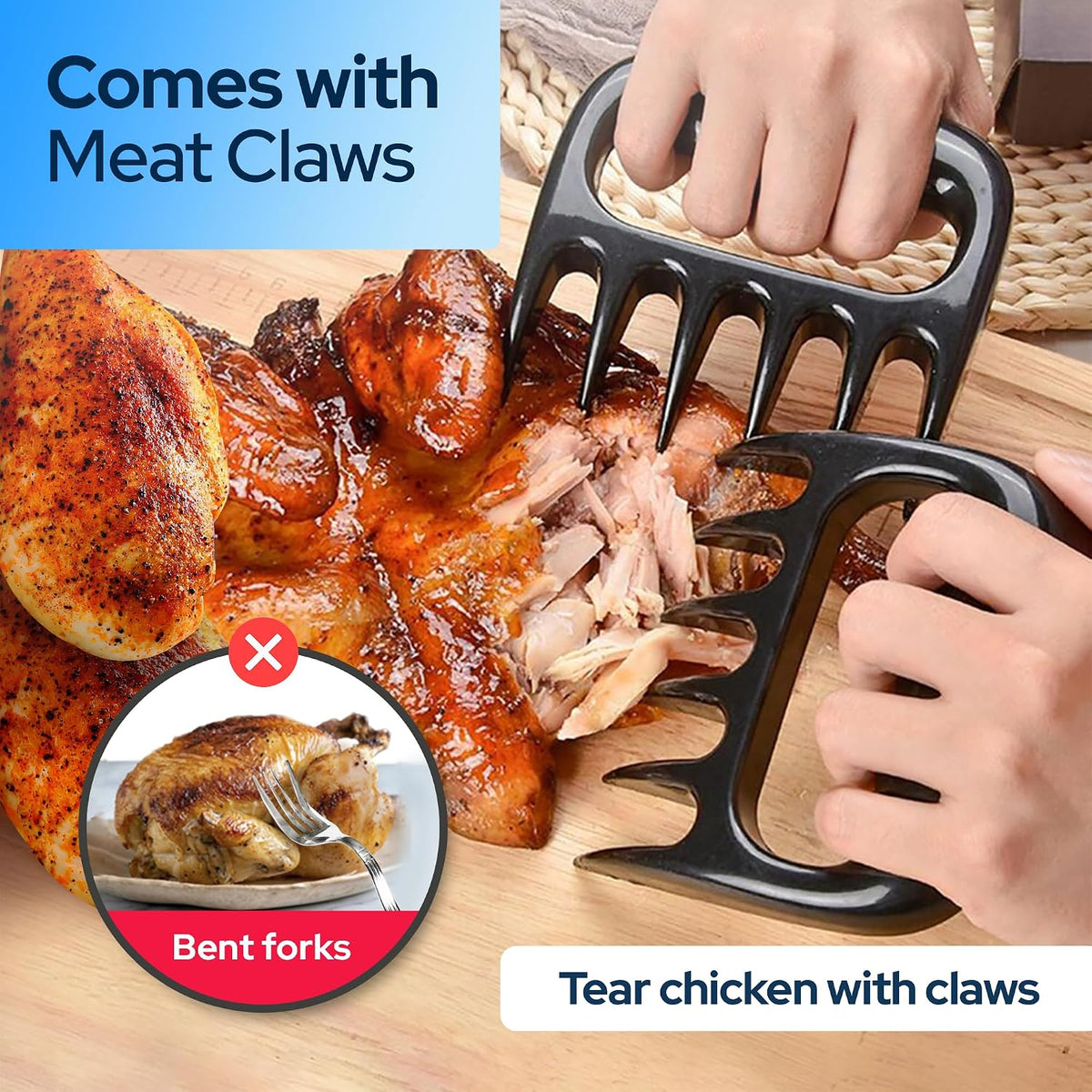 3 Layer Pro Chicken Shredder with Removable Tray, Meat Claws, Brush - 10'' Chicken Breast Shredder Tool Twist, Meat Grinder Machine, Meat Shredder, Anti-Slip - For Chicken Beef Pork Veg