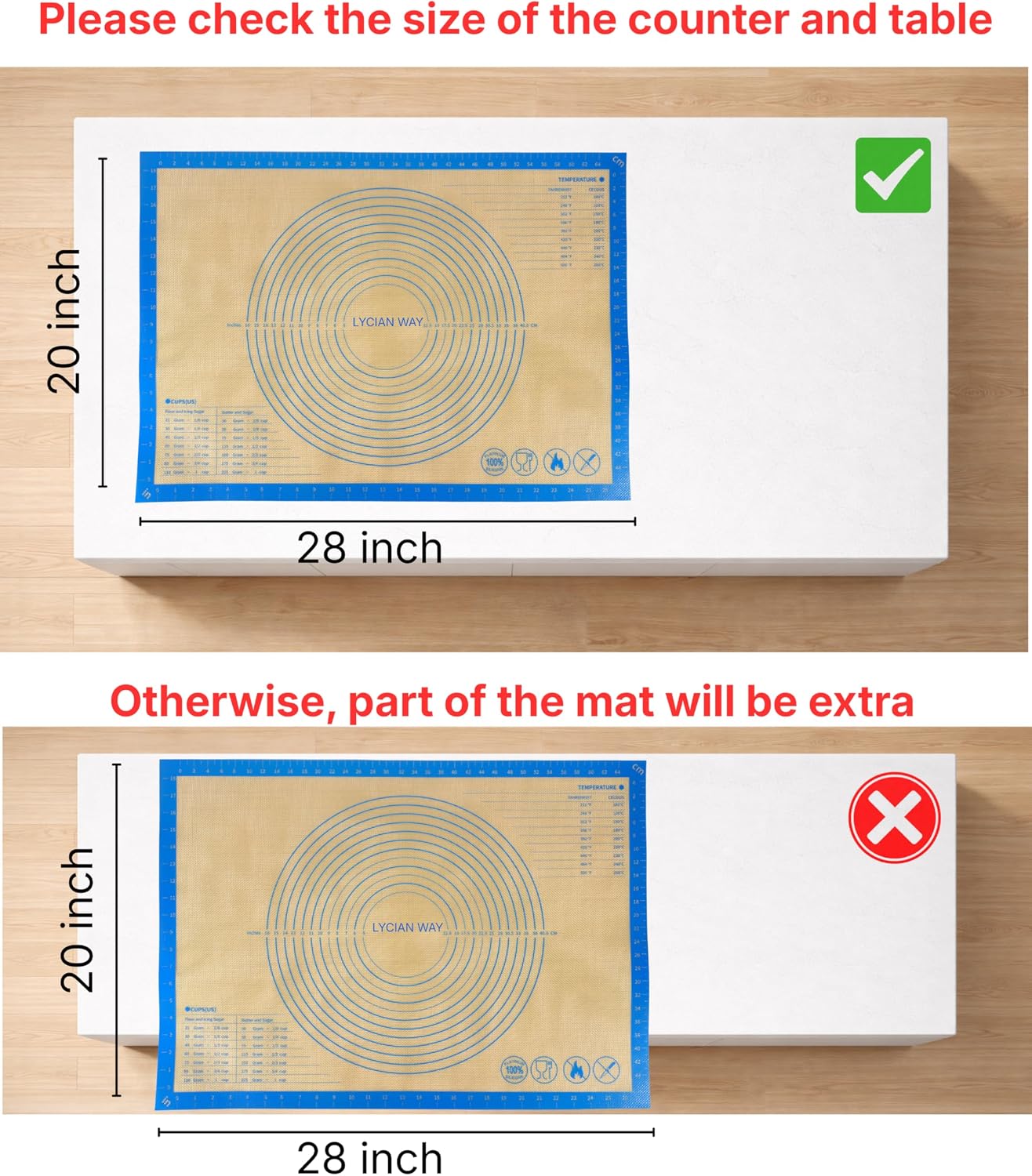 Silicone Pastry Mat with Measurements, 28 x 20 Inch Extra Thick Non-Slip Nonstick XL Baking Mat for Dough Rolling, Kneading, Fondant and Pie, Red