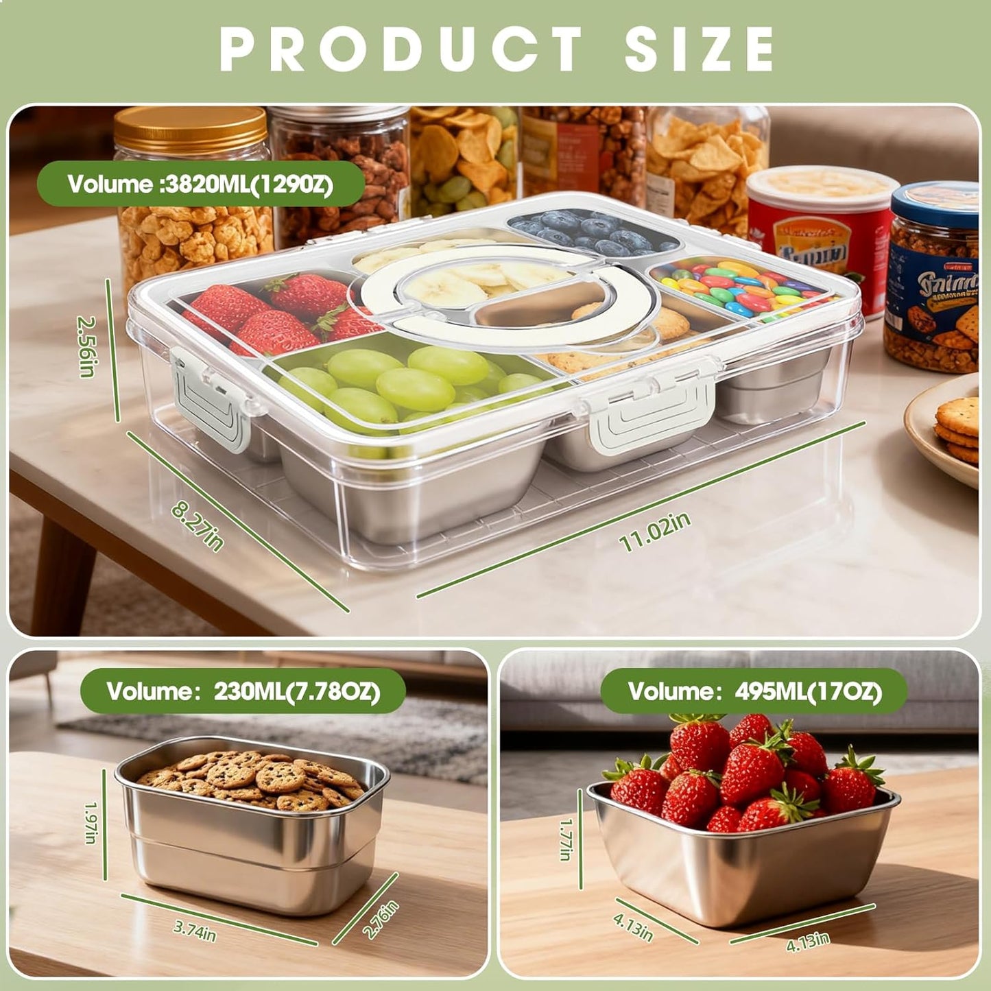WanshengLe 6 in 1 Snackle Box 3.82L with Lid & Handle, 4 PCS Stainless Steel Snack Box and 2 PCS Plastic Box, 6 Detachable & Dishwasher Safe Snacklebox, Divided Container Box for Snack Fruit Nut