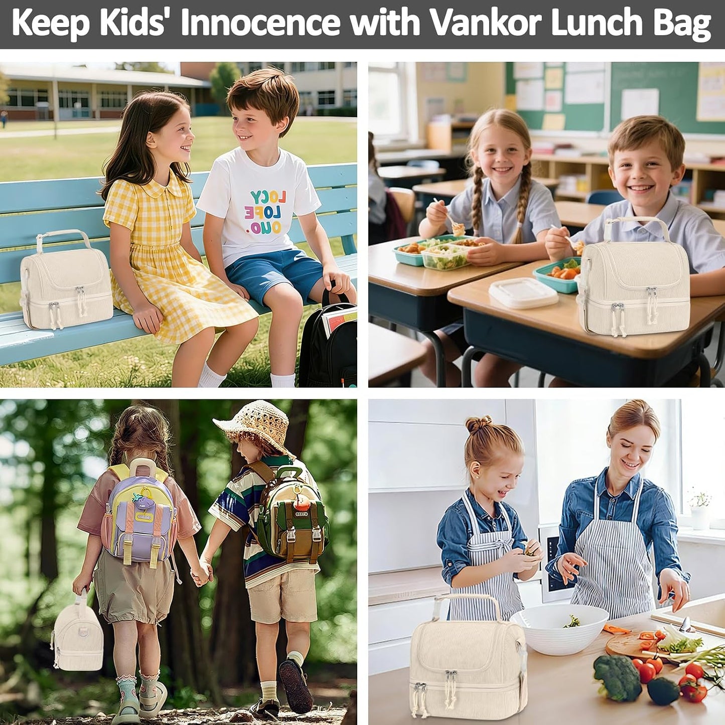 Vankor Corduroy Lunch Box Kids Insulated Lunch Bag Double Decker, Cute Leak-Proof Lunch Box for Boys Girls, Portable Cooler Lunch Bag Thermal Lunch Tote for School Picnic Travel, Light Blue