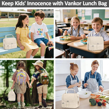 Vankor Corduroy Lunch Box Kids Insulated Lunch Bag Double Decker, Cute Leak-Proof Lunch Box for Boys Girls, Portable Cooler Lunch Bag Thermal Lunch Tote for School Picnic Travel, Light Blue