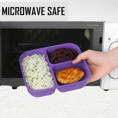 Neez 2-Pack Reusable Bento Box Lunch Containers- 3 Compartment Divided Lunch Organizer, Meal Prep Lunch Box with Lids, Microwave Safe & Sectioned Food Containers(48oz Green & Purple)