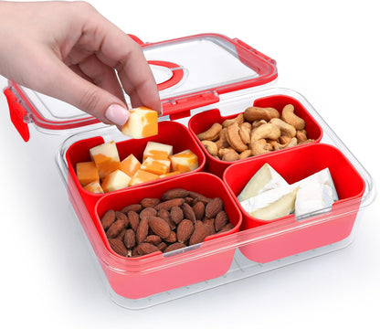 KEYVOZ Snackle Box Container with Lid- Travel Charcuterie Box with Handle - Organizer for Candy, Fruit, Nuts, Veggies, Snacks, Beach Essentials, Portable Lunch Box (Red, Small)