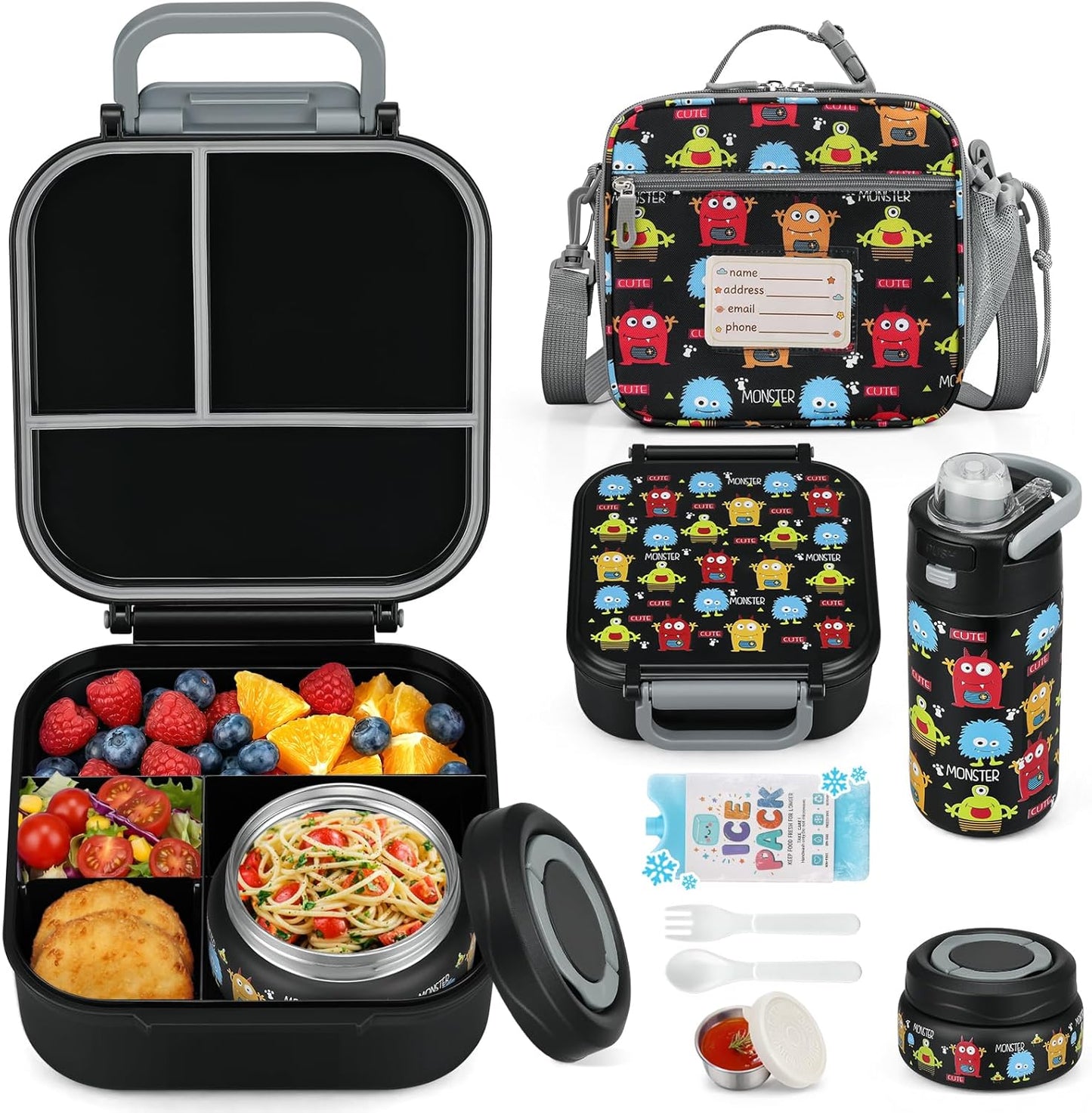 Itslife Bento Box for Kids Set, Insulated Food Container,Kids Lunch Box, 7 oz Thermos for Hot Food, 12 oz Thermos Water Bottle, Reusable Insulated Ice Bag & Fork Spoon Utensils Camping Travel Pink