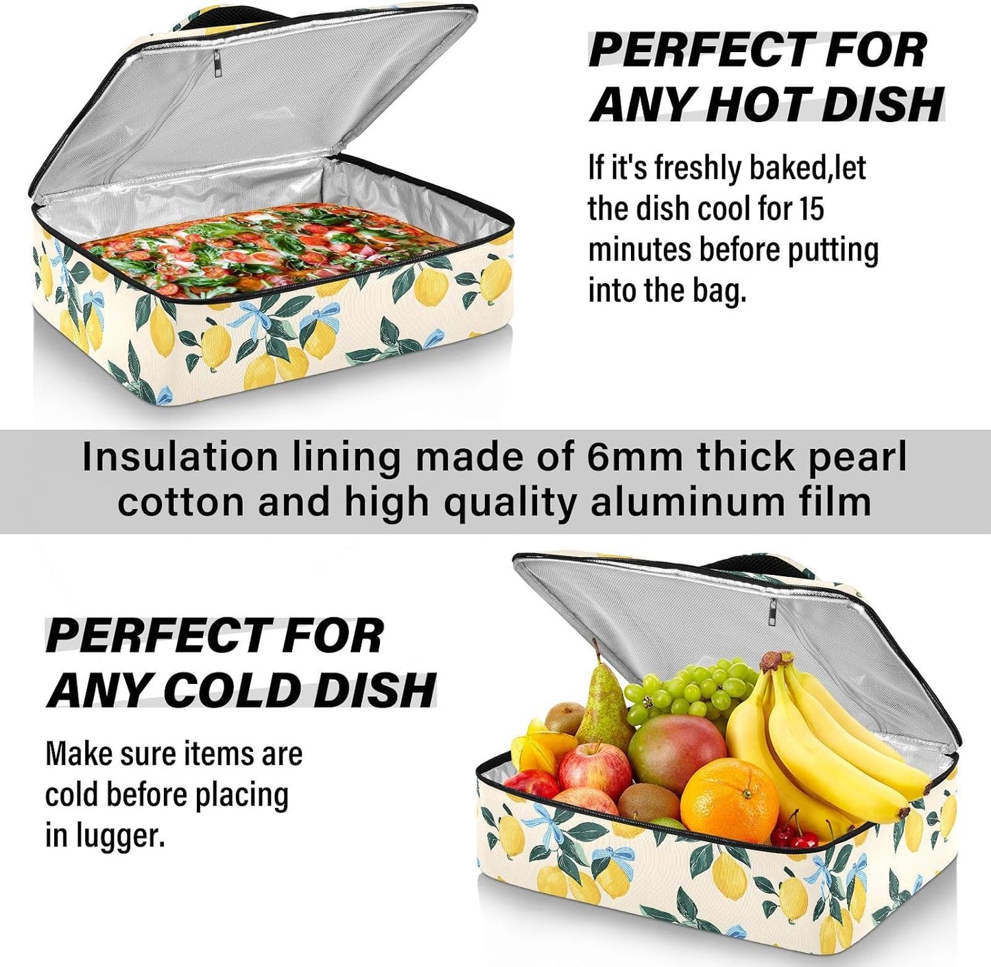 Casserole Carrier Insulated Yellow Lemon Blue Bows Dish 9x13 with Lid Party Travel Warmer Bag for Hot or Cold Food Lasagna Pizza Holder Tote