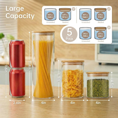 32oz - 4 Pack Glass Jars with Bamboo Lids, Glass Pantry Storage Containers with Airtight Lids, Round Air Tigh Food Storage Canisters for Cereal, Pasta, Flour, Sugar, Rice, Best for Kitchen Organizer