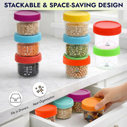 ARSUK 4Oz Glass Food Storage Containers with Snap-On BPA-Free Lids 12 Pack - Small Glass Jars for Sauce, Spices, Meal Prep - Reusable & Dishwasher Microwave Fridge Freezer Safe