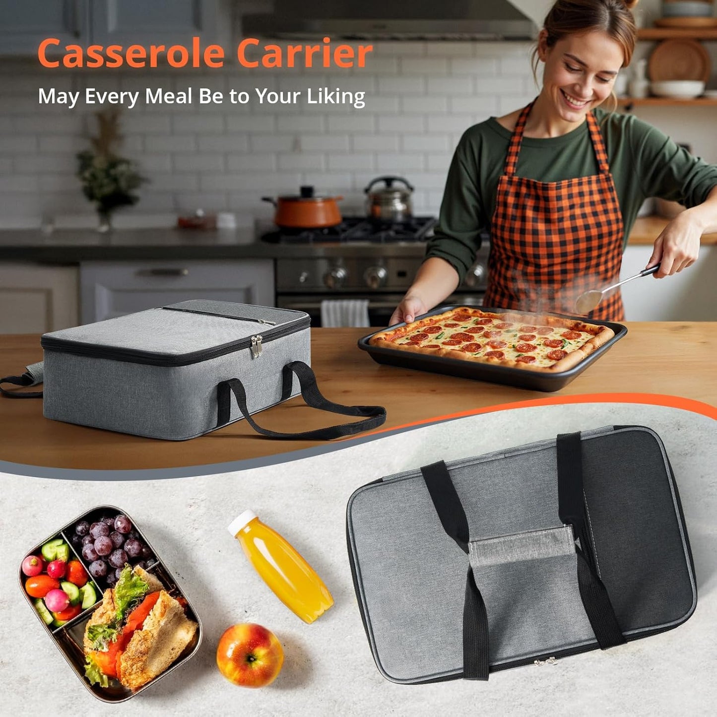 Insulated Casserole Carrier for Hot or Cold Food,Pie Carrier Bag Lunch Tote for Potluck Parties/Picnic/Cookouts, Fits 9"x13" Baking Dish,Grey