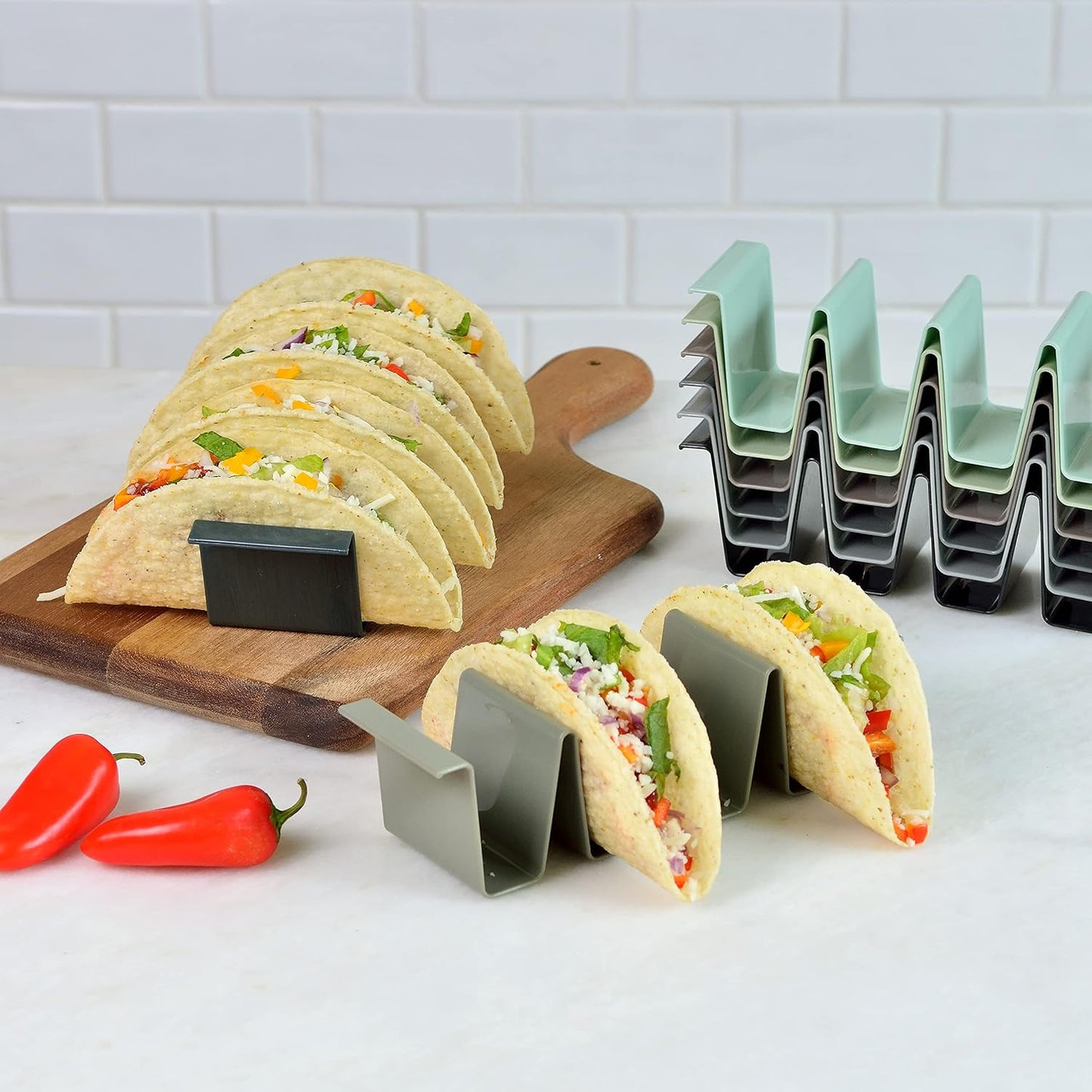 Youngever 8 Pack Plastic Taco Holder Stand, Dishwasher Top Rack Safe, Microwave Safe, Set of 8 Assorted Colors (Coastal)