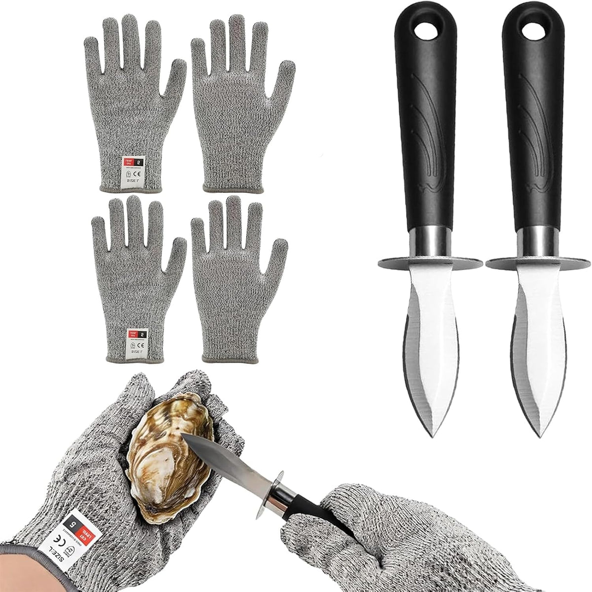 Oyster Knife Shucking Set with 2 Oyster Knives and 2 Pairs of Level 5 Cut Resistant Gloves, Safe and Easy Seafood Opener Kit for Kitchen Use, Oyster Shucking, and Gift Giving
