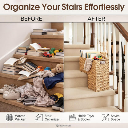 Cinnvoice 2 Pack Stair Storage Baskets 15'' Water Hyacinth Carpeted Wooden Step Bins with Handles for Toys Books Staircase Storage Home Organization
