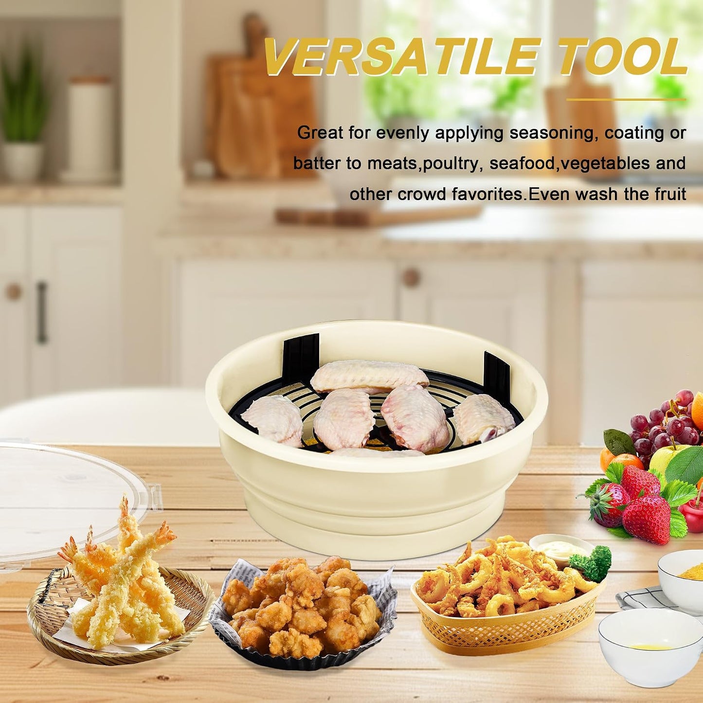 FJNATINH Collapsible Batter Bowl - Mess Free Better Breader Shaker Bowl with Lid Breading Shaker Container for Fried Fish, Fried Chicken, Onion Rings & More,No Leak,Easy to Store,Light Blue