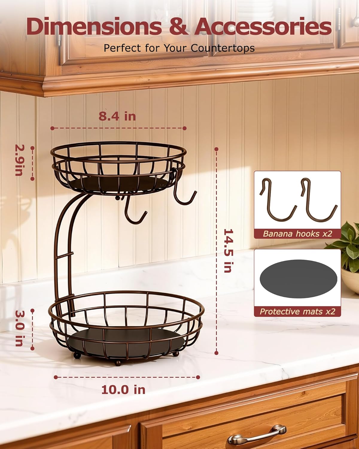Sevenblue 2 Tier Large Fruit Basket for Kitchen Counter with Removable Banana Hanger - Sturdy Iron Fruit Bowl for Kitchen Counter and Vegetable Holder, Fruit Holder for Home Decor, Black