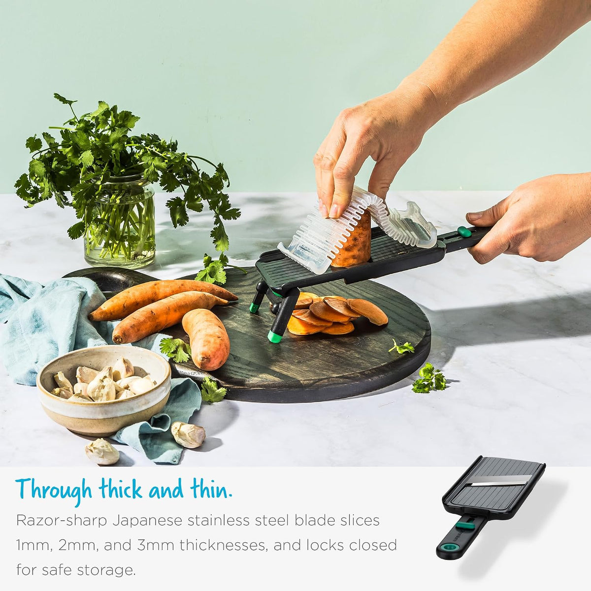 Dreamfarm Nocutu Adjustable Handheld Mandoline Slicer with Finger Guard