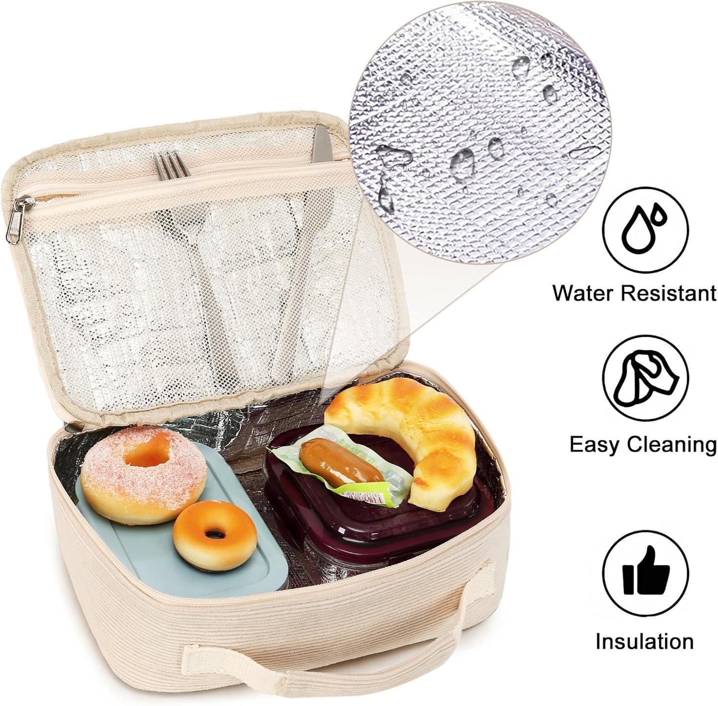 Bluboon Insulated Lunch Bag for Girls & Boys, Corduroy School Lunch Box with Cooler & Organizer Compartments, Leak-Proof Lunch Tote for School, Travel (Corduroy Strawberries Beige)