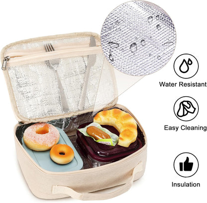 Bluboon Insulated Lunch Bag for Girls & Boys, Corduroy School Lunch Box with Cooler & Organizer Compartments, Leak-Proof Lunch Tote for School, Travel (Corduroy Strawberries Beige)