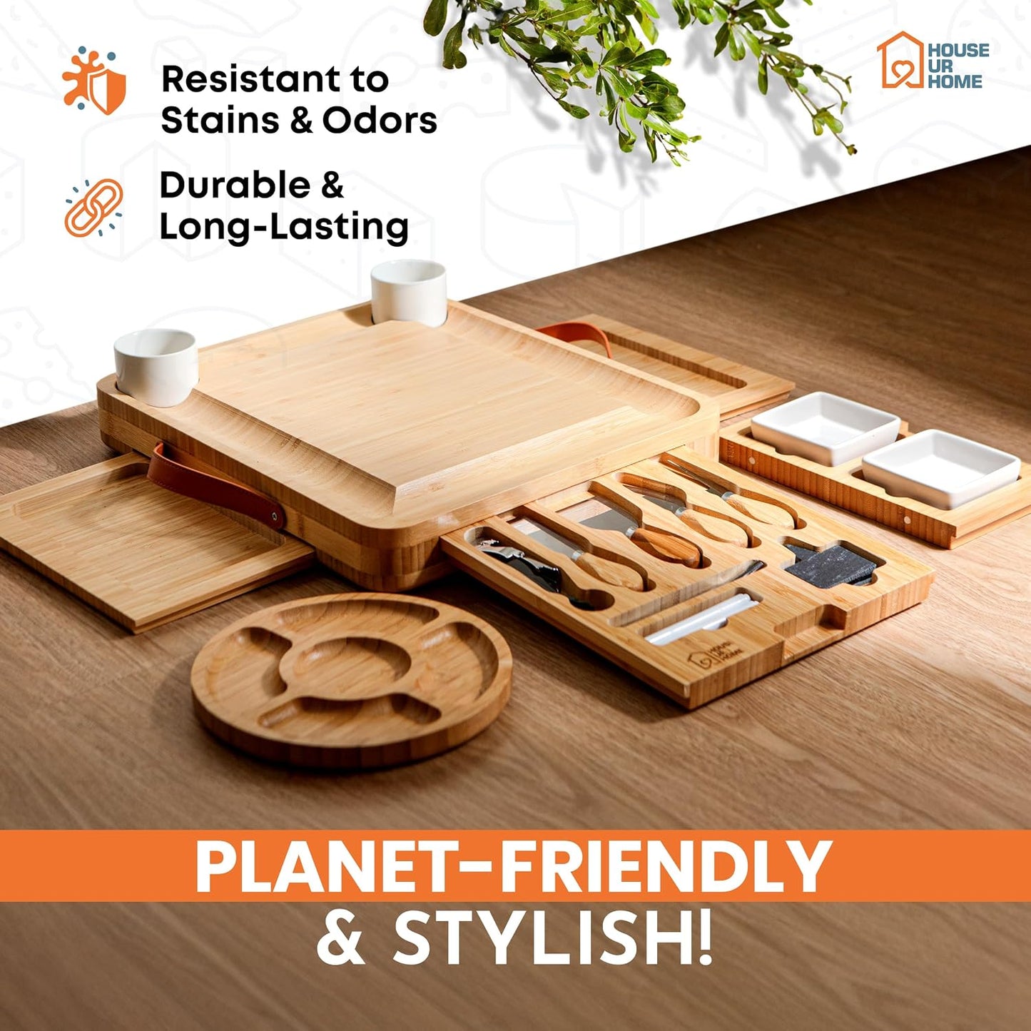 Bamboo Charcuterie Board Gift Set | Large Cheese Board with Hidden Drawers, Knives & Bowls | Perfect Housewarming, Wedding for Couples and Hosts
