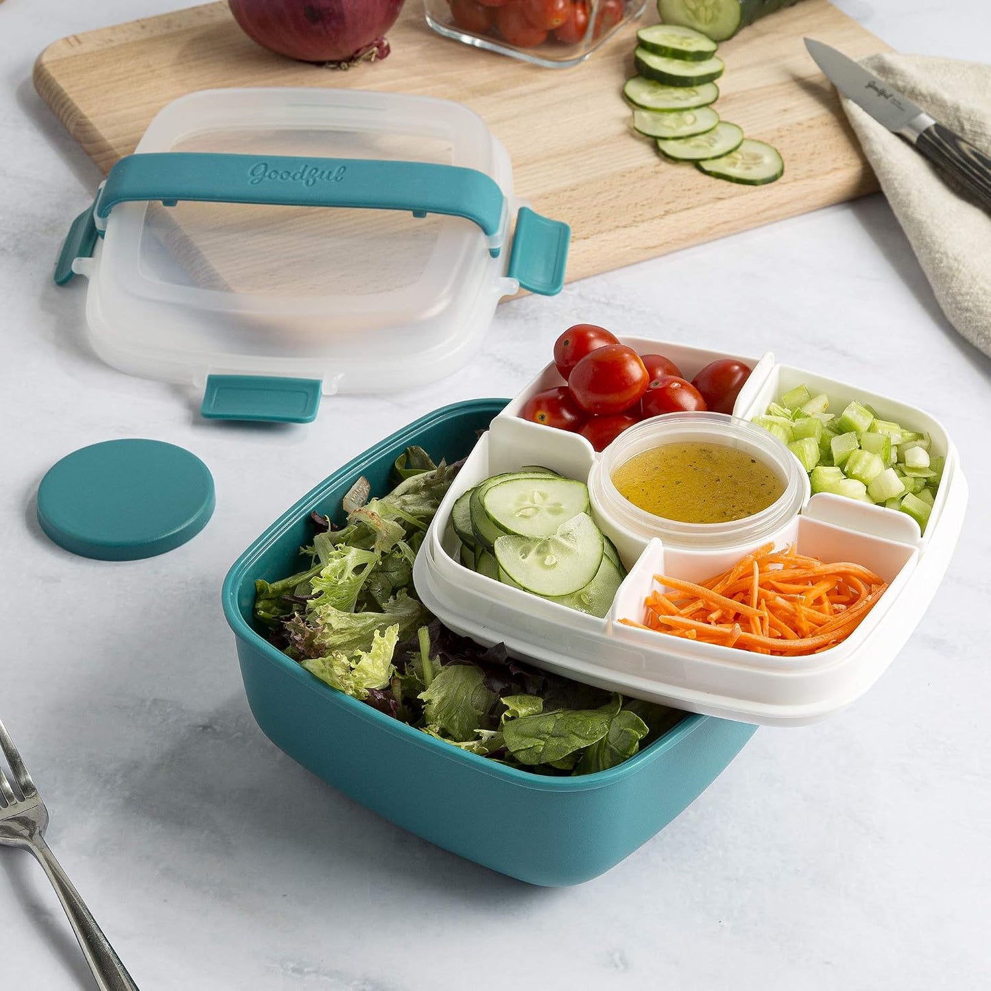 Goodful Stackable Lunch Box Container, Bento Style Food Storage with Removeable Compartments for Sandwich, Snacks, Toppings & Dressing, Leak-Proof and Made without BPA, 56-Ounce, Blue