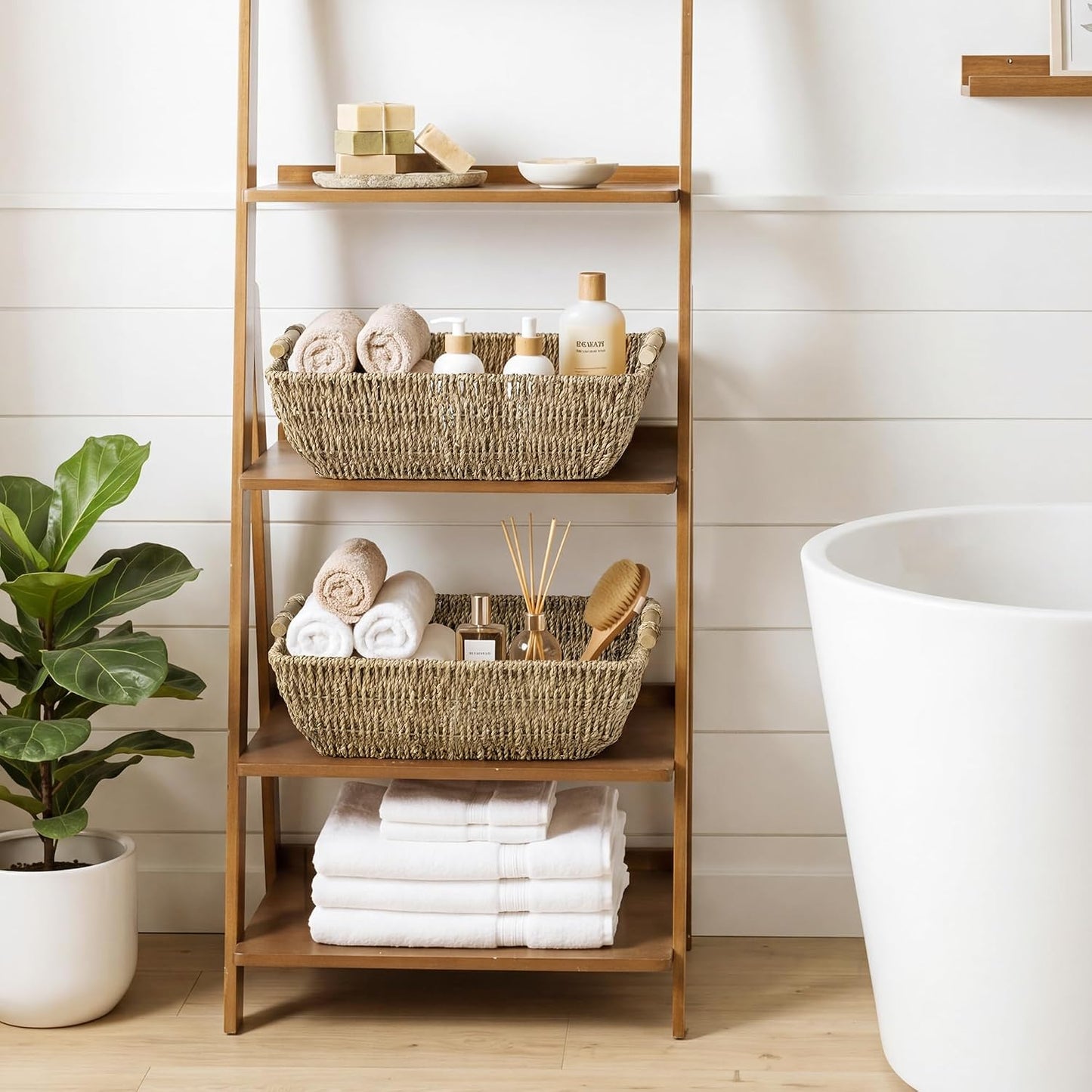 StorageWorks Hand-Woven Storage Baskets with Wooden Handles, Water Hyacinth Wicker Baskets for Organizing, 2 Pack