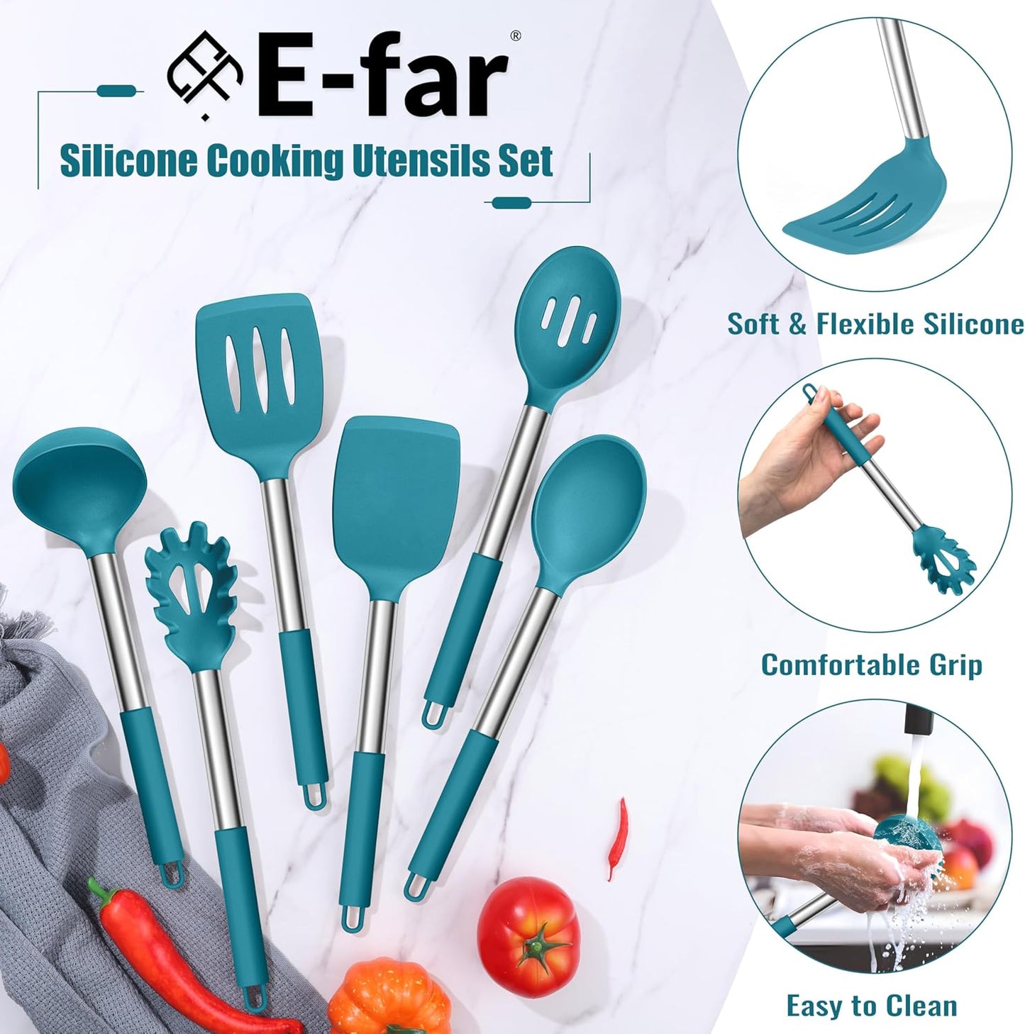 E-far 14 Pieces Silicone Cooking Utensils Set, Kitchen Utensils Set with Holder, Spatula, Ladle, Spoon, Tong, Slotted Turner for Nonstick Cookware, Heat Resistant & Stainless Steel Handle, Black