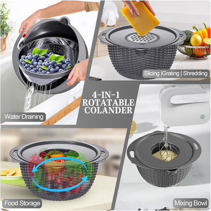 4-in-1 Colander with Bowl Set — Patented 360° Rotatable Strainer Bowl with 3 Graters, Snap-On Lid & Non-Slip Base, Funny Kitchen Present for Women, Aesthetic Pasta Fruit Vegetable Strainer (Beige)