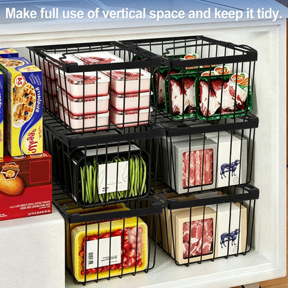 3Pack Freezer Organizer Bins, Stackable Chest Deep Freezer Storage Containers, Expandable Freezer Baskets with Handle fit 5cu.Ft 7cu.Ft Freezer, Fridge, Pantry (Black-3Pack)